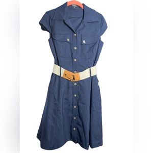 Tahari ASL Petite navy Blue dress size 4P, with belt, button down,